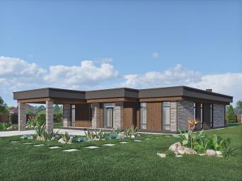 Одноэтажный дом с плоской кровлей, навесом для автомобилей и террасой